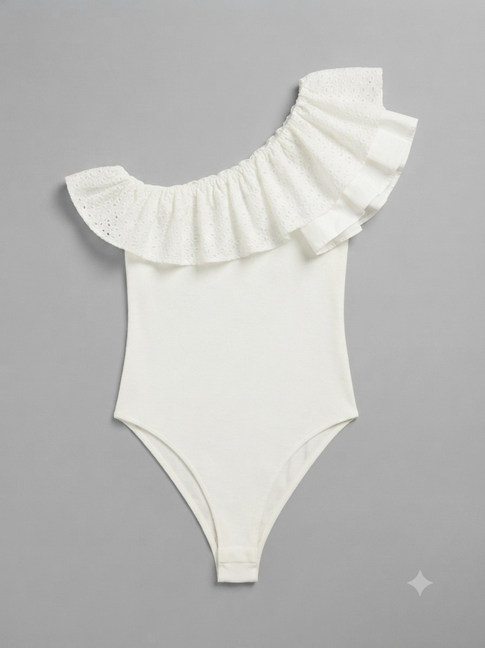 ee:some White Ribbed Eyelet Ruffle One-Shoulder Bodysuit Size S Summer Vacation